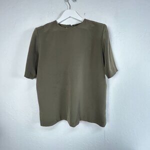 Vintage Doncaster Womens Olive Green Short Sleeve Blouse Size 12 Back Zip Casual